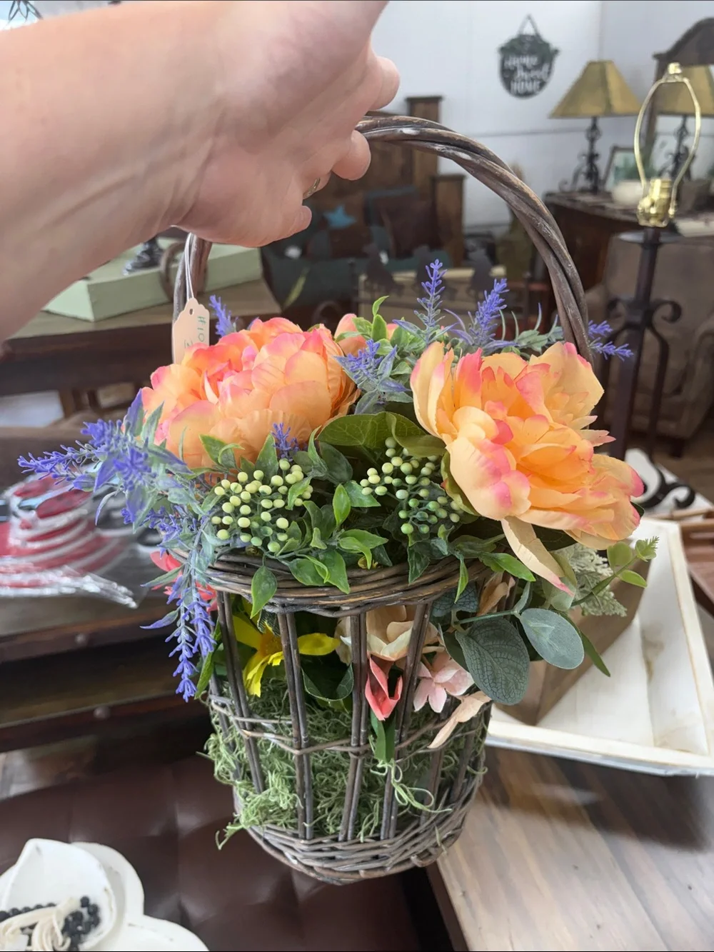 Peach & Lavender Faux Floral Basket Arrangement by